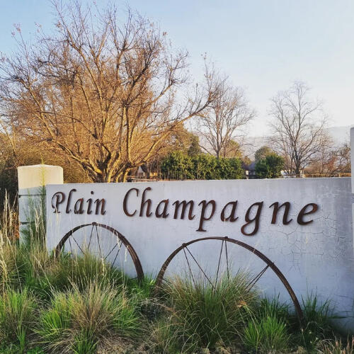 Plain Champagne Guest Farm Entrance Sign Entrance sign for Plain Champagne Guest Farm in the Drakensberg, surrounded by trees and open countryside